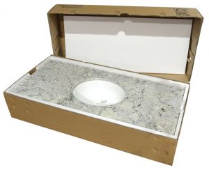 Single Package Granite or Marble Vanity Top with Backsplash and Attached Undermount Oval Bowl